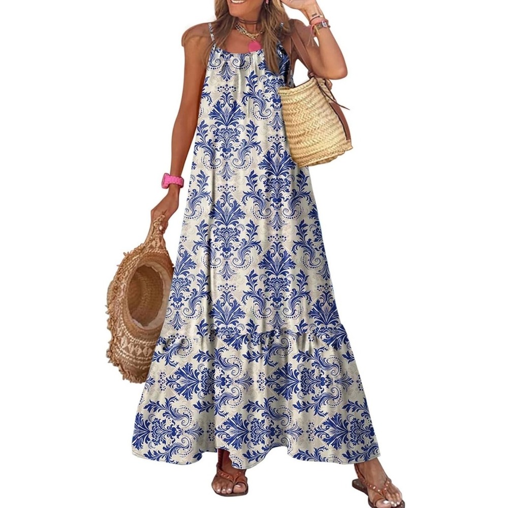 Dokotoo Blue Damask Print Spaghetti Strap Ruffle Hem Maxi Dress